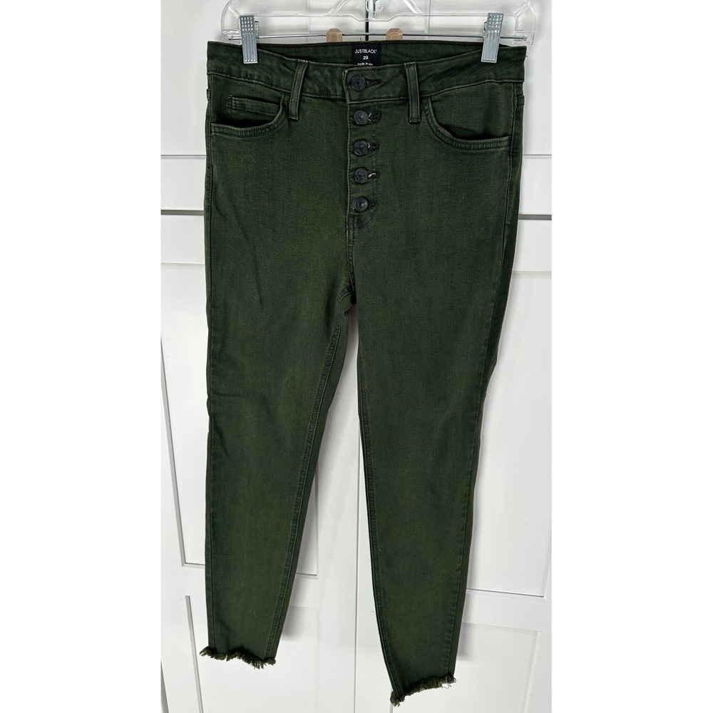 JUSTBLACK Olive Green High Rise Button Fly Cropped Frayed Hem Skinny Jeans‎